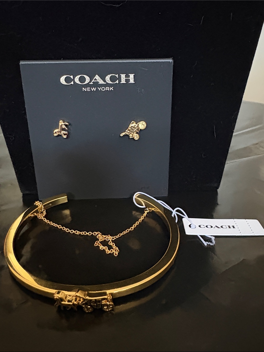 Coach Gold-Tone Horse and Carriage Bangle and Stud Earring Set